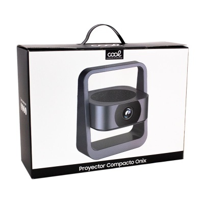 Caixa de projetor compacto Onix preto e cinza com texto na embalagem