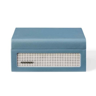 Aparelho electrónico azul com grelha branca e palavra CROSLEY