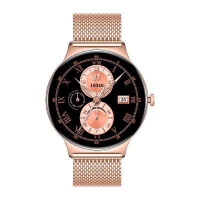 Relógio de pulso com bracelete metálica cor de rosa dourado e mostrador preto com numeração romana