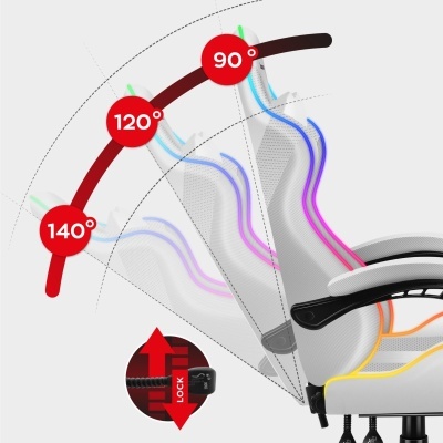 Cadeira de escritório cinzenta ajustável com ângulos de reclinação 90°, 120° e 140° e mecanismo de bloqueio