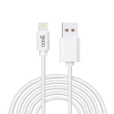 Cabo de carregamento branco com conector USB e Lightning com inscrição 'cool' no conector