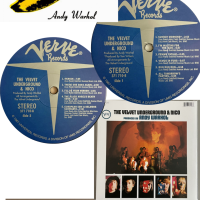 Álbum de vinil 'The Velvet Underground & Nico' com capa de banana amarela, discos azuis Verve Records e encarte com fotos e texto.