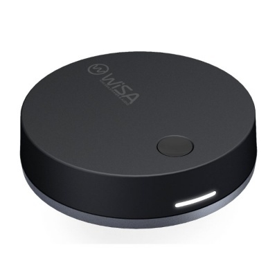 Dispositivo redondo preto com botão e luz branca