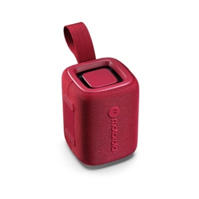 Coluna de som portátil vermelha com alça e botão quadrado no topo