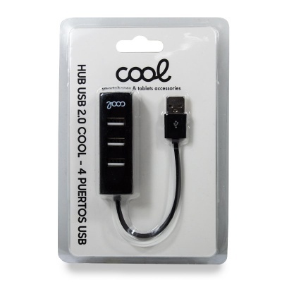 Hub USB 2.0 preto da marca Cool com 4 portas, embalagem branca.