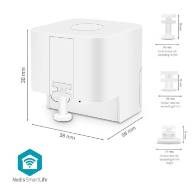 Dispositivo branco cúbico Nedis SmartLife com acessórios rotulados A, B e C e dimensões em mm