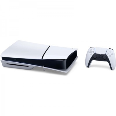 Console PlayStation 5 branco e preto com comando sem fios