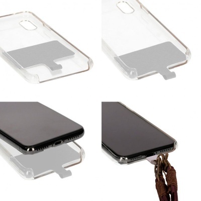 Capa transparente para smartphone com suporte cinza e alça pendurada