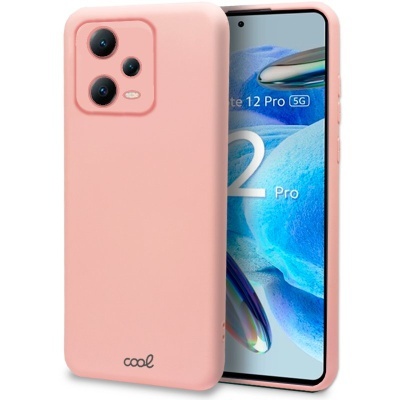 Smartphone com capa protetora cor-de-rosa claro e texto Note 12 Pro 5G no ecrã