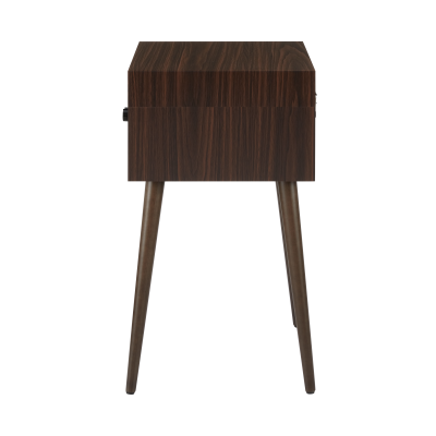 Mesa de madeira escura com pernas finas afiladas