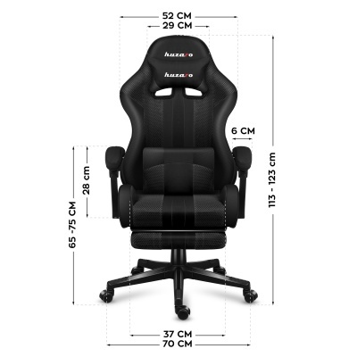 Cadeira de escritório preta com apoio lombar e rodas, texto huzaro no encosto