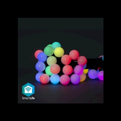 Luzes LED coloridas em forma de bolas num ambiente escuro