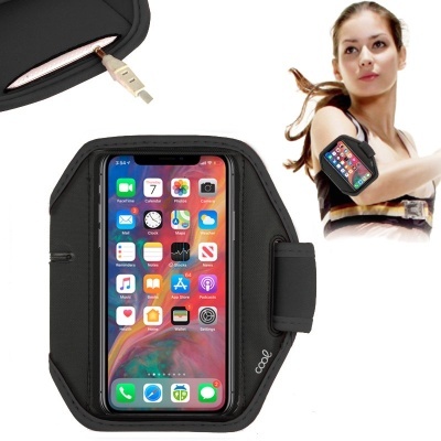 Suporte de braço desportivo negro para telemóvel com fecho velcro e cabo USB rosa