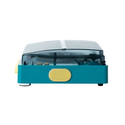 Leitor de vinil portátil azul com tampa transparente escura