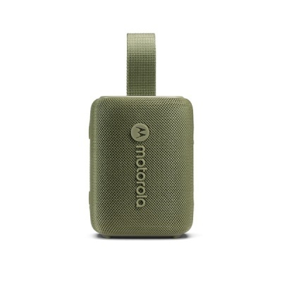 Coluna portátil Bluetooth Motorola verde com alça e logotipo