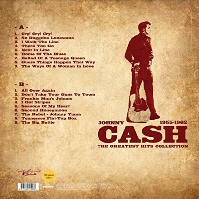 Capa traseira de álbum Johnny Cash com lista de músicas e silhueta vermelha.