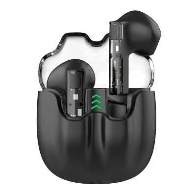 Auriculares sem fios pretos com estojo de carregamento preto e tampa transparente