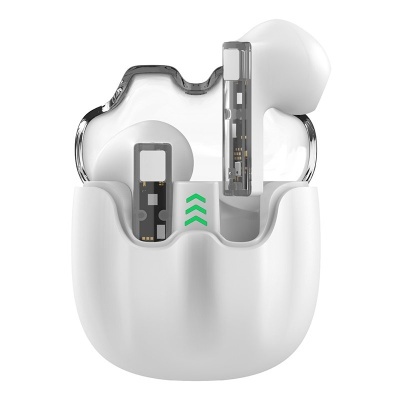 Estojo e auriculares sem fios brancos com partes internas visíveis