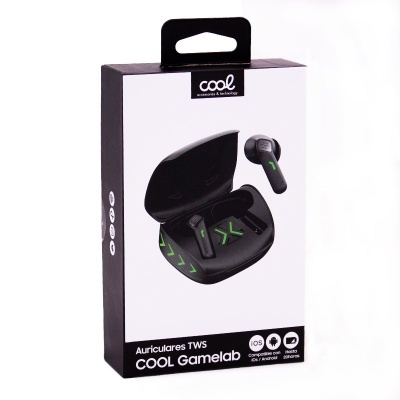 Caixa de auriculares TWS COOL Gamelab preta e branca com auriculares pretos e verdes
