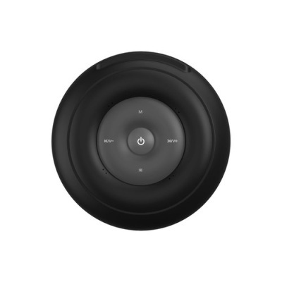 Dispositivo eletrónico redondo preto com botões centrais e texto