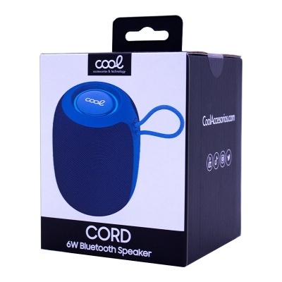 Embalagem de coluna Bluetooth azul 'CORD 6W Bluetooth Speaker' da marca Cool.