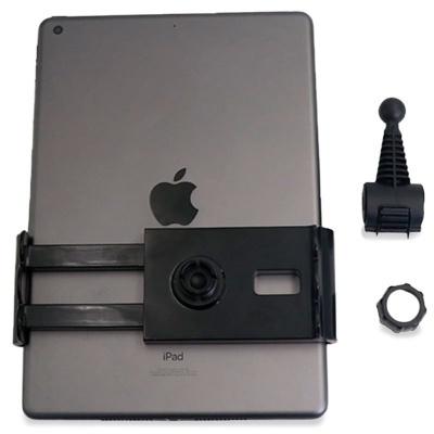Suporte preto para tablet colocado num iPad cinza