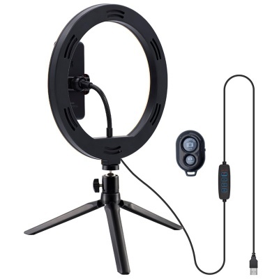 Anel de luz LED preto com tripé, comando remoto e cabo USB