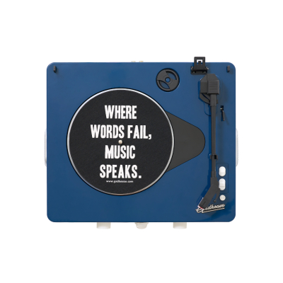 Leitor de vinil azul com texto 'WHERE WORDS FAIL, MUSIC SPEAKS.' no prato