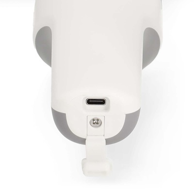 Dispositivo eletrônico branco com porta USB-C e tampa articulada cinza