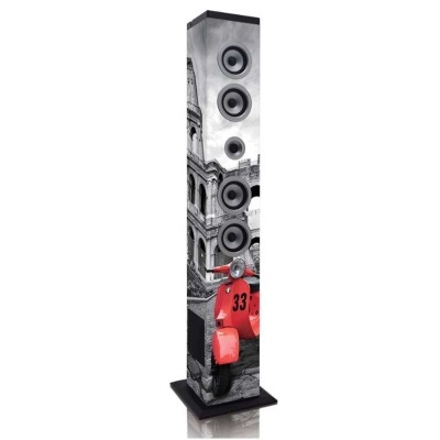 Coluna de som alta com design preto e branco e vespa vermelha