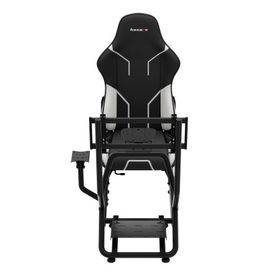 Cadeira de corrida simulador de condução com estofos preto e cinza e estrutura metálica