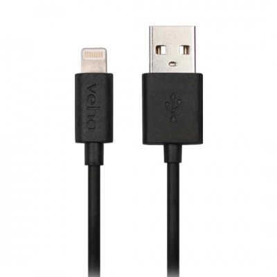 Cabo de carregamento USB para Lightning preto com texto 'veho' numa extremidade