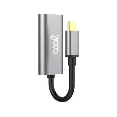 Adaptador USB-C para HDMI prateado com cabo preto e conector dourado