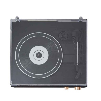 Gira-discos preto com tampa transparente visto de cima