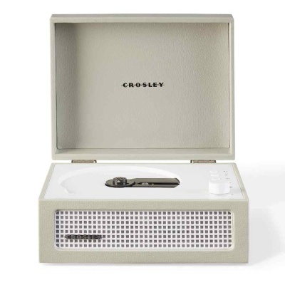 Leitor de vinil Crosley cinza claro e branco aberto