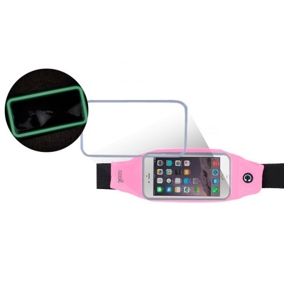 Pochete desportiva rosa para smartphone com faixa preta ajustável e botão de energia