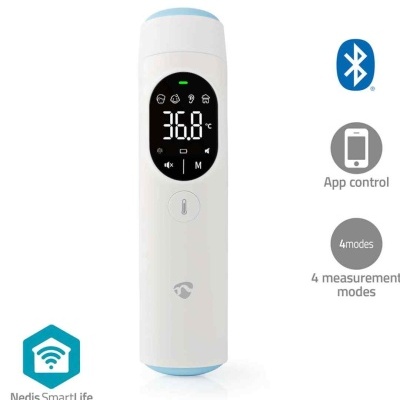 Termómetro digital branco com ecrã preto a mostrar 36.8°C e vários ícones, com detalhes em azul claro e logotipo Nedis.