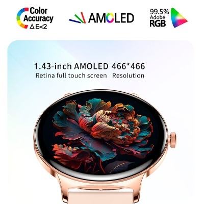 Relógio inteligente rose gold com ecrã AMOLED e flor colorida.