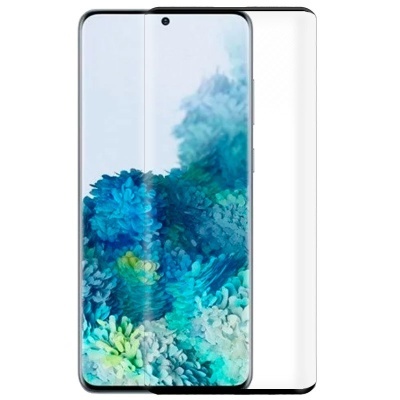 Smartphone branco com ecrã curvo e imagem azul e verde no ecrã
