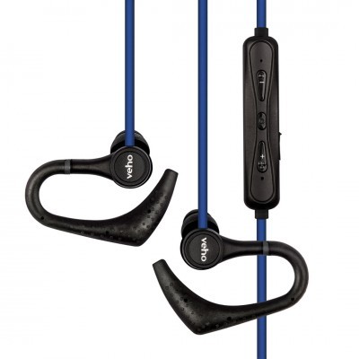 Auriculares intra-auriculares Veho pretos com cabos azuis e controle remoto