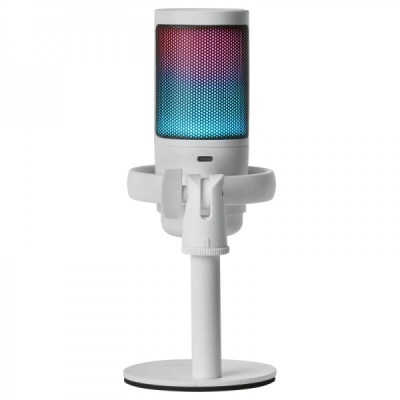 Microfone branco com malha colorida e suporte