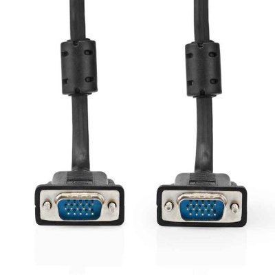 Dois cabos VGA pretos com conectores metálicos azuis e parafusos de fixação