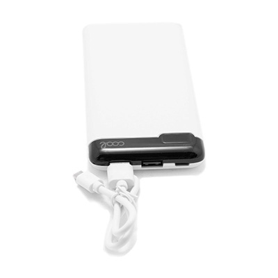 Power bank branco com borda preta e cabo USB