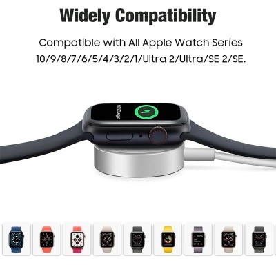 Apple Watch a carregar num suporte cinza com texto de compatibilidade para várias séries Apple Watch