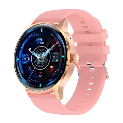 Relógio inteligente com bracelete rosa e mostrador digital azul