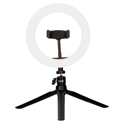 Anel de luz LED branco com tripé preto e suporte para telemóvel