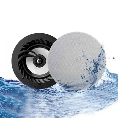 Coluna de som redonda branca e preta com respingos de água