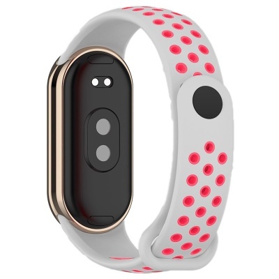 Smartwatch preto com moldura dourada e pulseira branca com furos cor-de-rosa