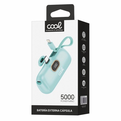 Bateria externa cápsula azul clara 5000mAh com mostrador digital e embalagem