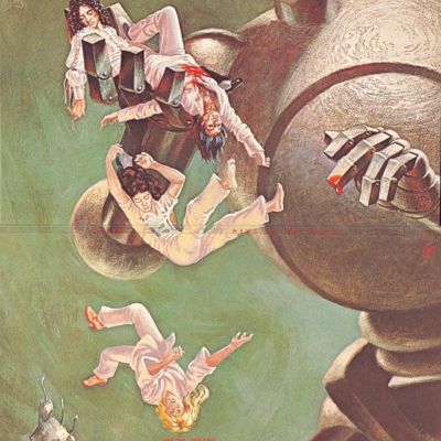 Capa do álbum News of the World do Queen com robô gigante segurando figuras humanas